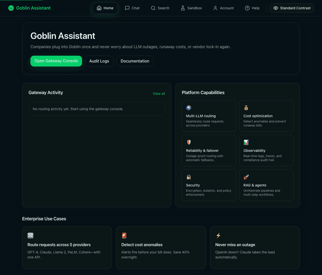 Goblin Assistant home screen with navigation and quick actions