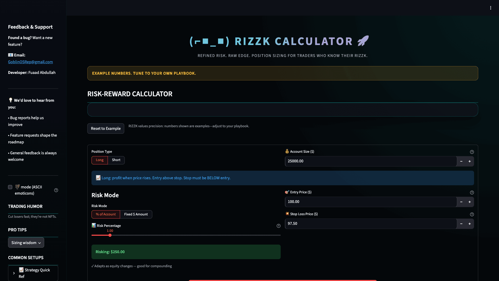 RIZZK Calculator desktop interface showing position sizing calculator with interactive charts